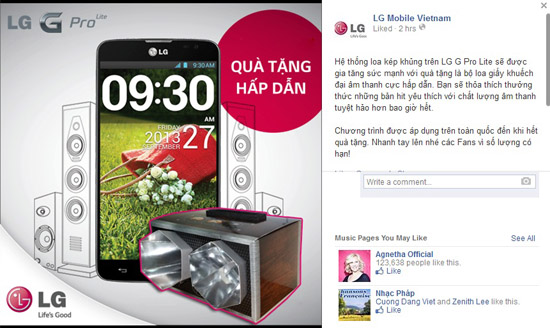 LG thúc giục khách hàng mua điện thoại G Pro Lite để được tặng bộ loa khuếch đại âm thanh khủng.