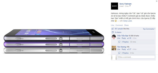 Sony cho các fan bỏ phiếu lựa chọn mức giá của smartphone Xperia Z2 nhân ngày Cá Tháng Tư.