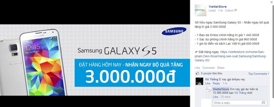 ViettelStore mở đợt khuyến mãi đặt hàng Samsung Galaxy S5 với bộ quà tặng trị giá 3 triệu đồng.