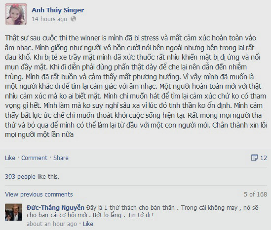 Nguyên văn một trong rất nhiều lời giải thích và xin lỗi của Anh Thúy trên Facebook.