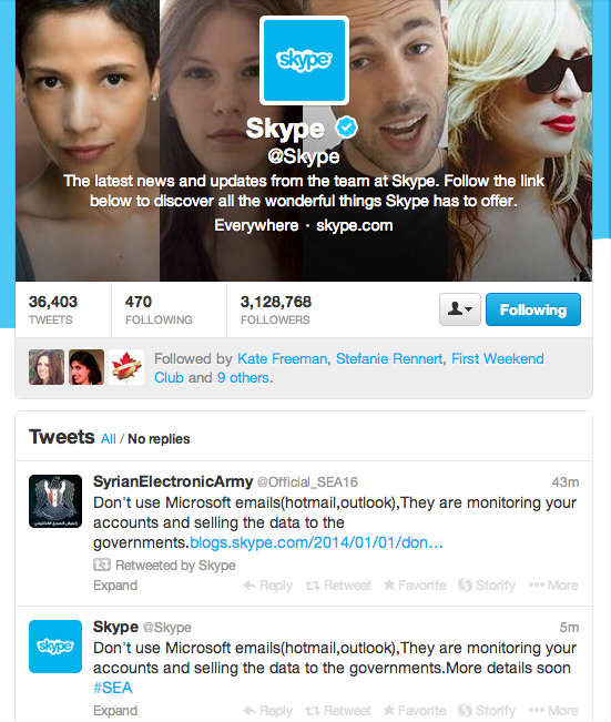 Ảnh chụp màn hình Twitter của Skype khi bị SEA tấn công