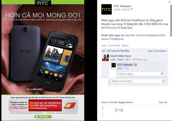 HTC dành tặng SIM VinaPhone khuyến mãi khủng cho khách hàng mua đời điện thoại Desire 310.