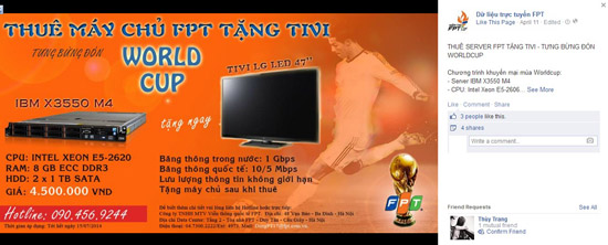 Khách hàng thuê máy chủ của FPT có cơ hội được tặng TV 47 inch xem World Cup.