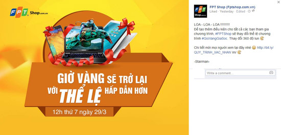 FPT Shop thông báo thay đổi thể lệ chương trình Giờ Vàng Giá Sốc trong quy trình xác nhận.