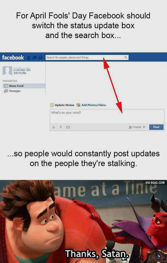 Một trò đùa Cá Tháng Tư quỷ quyệt được cư dân mạng gợi ý cho Facebook: thay khung cập nhật trạng thái với khung tìm kiếm.