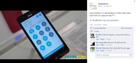 ASUS Zenfone 5 dự kiến sẽ được ViettelStore bán với mức giá 4,5 triệu đồng.