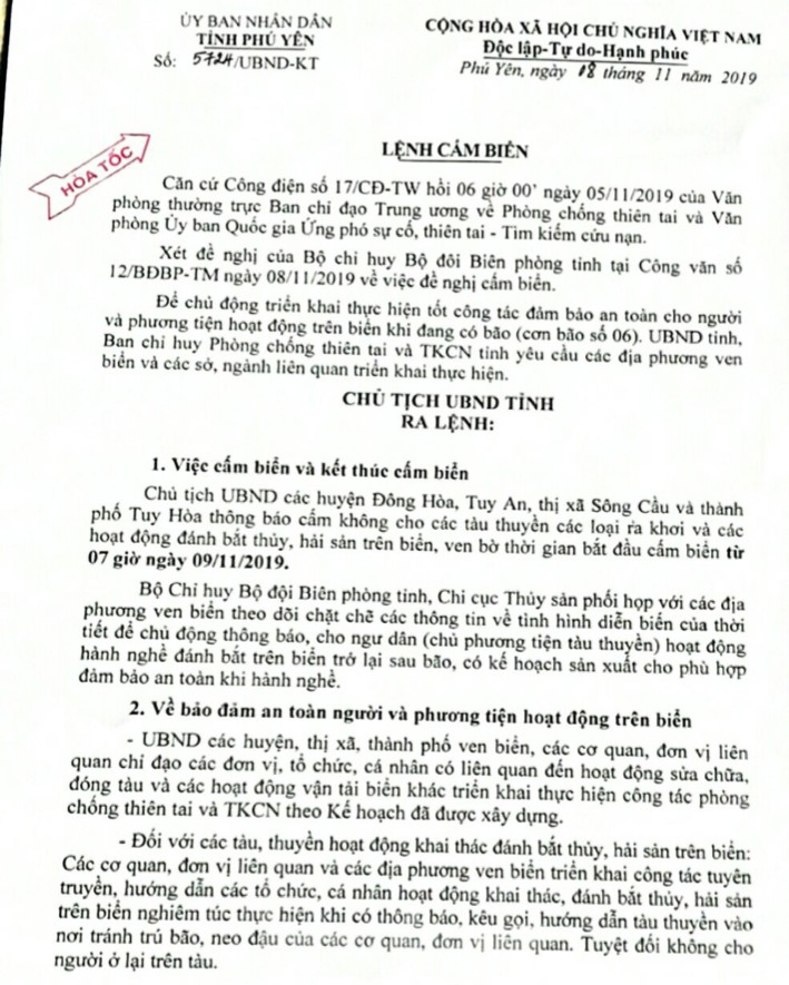 Nghe VietNamNet: Phú Yên ra công điện cấm biển từ sáng 9/11