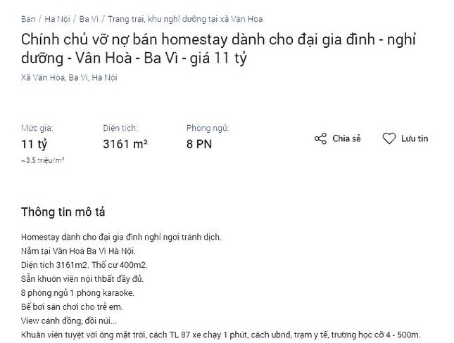 Một tin rao bán homestay ở xã Vân Hòa (huyện Ba Vì, Hà Nội) trên Batdongsan.com.vn