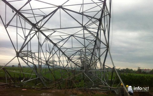 Mưa to giớ lớn, một cột điện 500kV đổ sập xuống ruộng lúa của người dân - ảnh 1