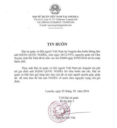 Hai lao động Hà Tĩnh tại Angola bị cướp bắn tử vong - ảnh 2
