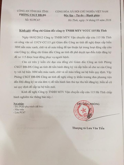 CSGT Hà Tĩnh đề nghị thu hồi biển số xanh của xe cấp cứu 115 tư nhân - ảnh 2