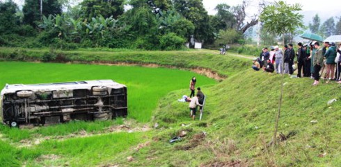 Mất lái xe khách lao xuống ruộng, 8 người phải nhập viện - ảnh 1