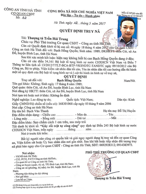 Vụ gây rối tại trụ sở huyện Lộc Hà: Truy nã kẻ cầm đầu Bạch Hồng Quyền - ảnh 1