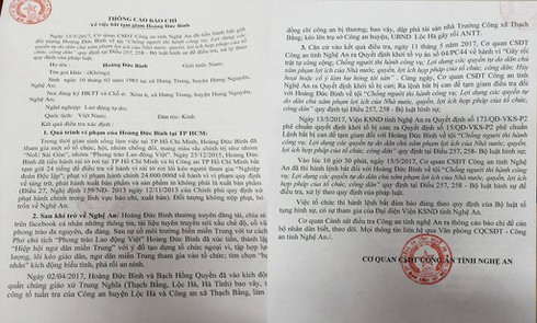 Công an tỉnh Nghệ An thông tin về việc bắt tạm giam đối tượng Hoàng Đức Bình - ảnh 1