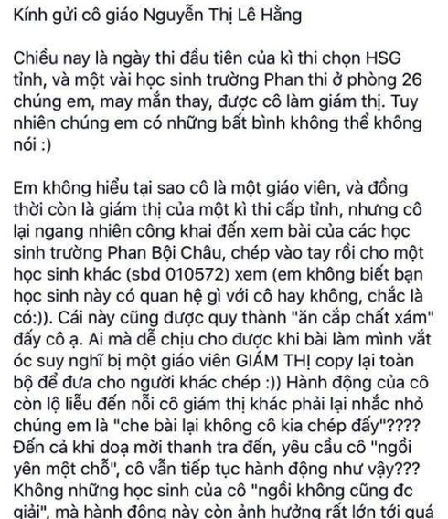 Đình chỉ giám thị bị thí sinh “tố” gian lận trong kỳ thi học sinh giỏi tỉnh - ảnh 1
