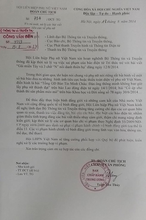 Hội LHPNVN đề nghị rà soát các bài viết nặng định kiến giới - ảnh 1