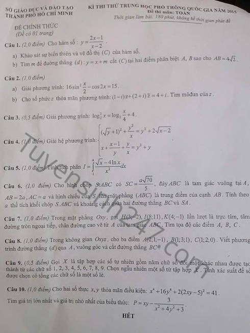TPHCM công bố đề thi thử và đáp án môn Toán - ảnh 2