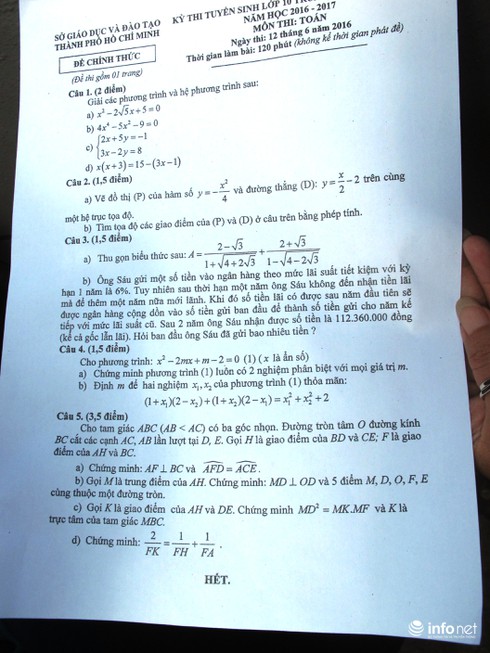 Thi lớp 10 TP.HCM: Thí sinh than đề Toán dài và khó - ảnh 1