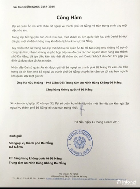 Đại sứ quán Áo cám ơn Đà Nẵng hỗ trợ công dân Áo bị lạc, đói rét khi đi du lịch - ảnh 1