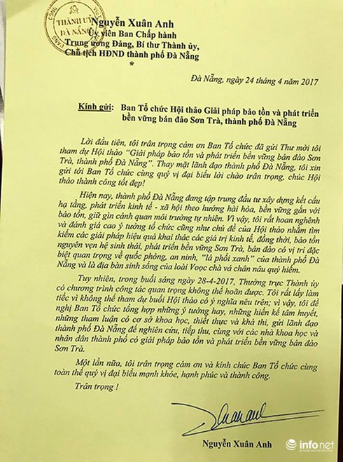 Ông Nguyễn Xuân Anh tiếc vì không thể dự hội thảo bảo tồn Sơn Trà - ảnh 1