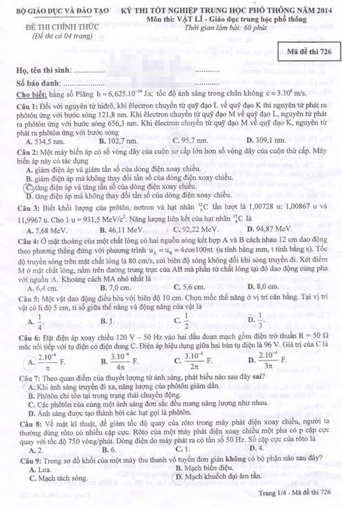 Đề thi Vật lý kỳ thi tốt nghiệp THPT 2014: Có 2 câu khó - ảnh 2