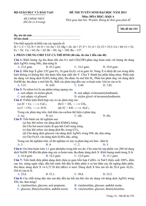 Đáp án, đề thi môn Hóa khối A năm 2013 - ảnh 1