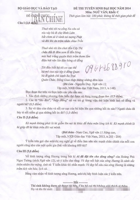 Đáp án Văn khối C năm 2014 - ảnh 1