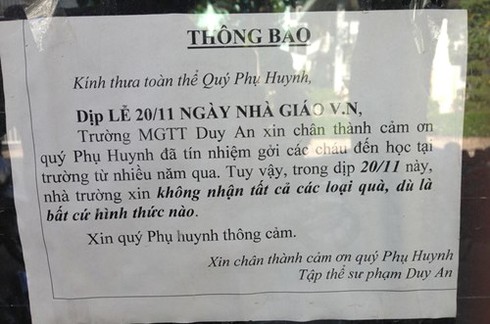 Thêm một trường từ chối nhận quà của phụ huynh ngày 20/11 - ảnh 1