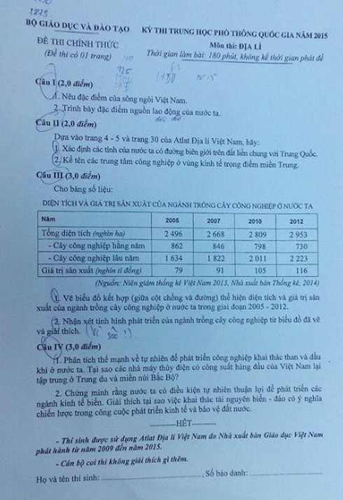 Đề thi môn Địa lý kỳ thi THPT quốc gia 2015 - ảnh 2