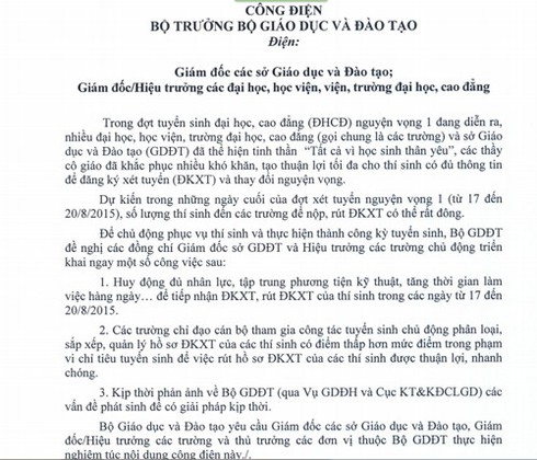Công điện của Bộ trưởng Bộ GD&ĐT về nộp hồ sơ xét tuyển ĐH, CĐ - ảnh 1