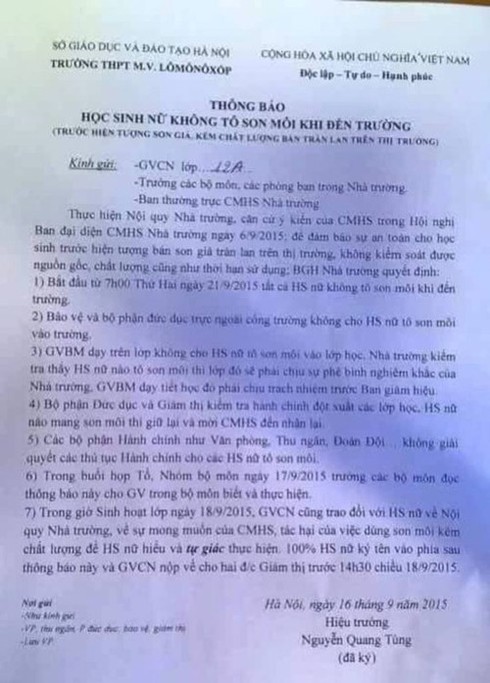 Một trường THPT ở Hà Nội cấm nữ sinh tô son đến lớp - ảnh 1