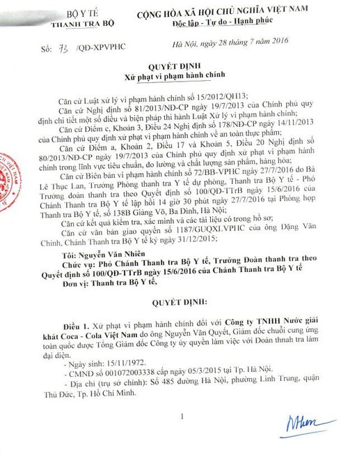 Công ty Coca -Cola Việt Nam bị xử phạt trên 433 triệu đồng và thu hồi sản phẩm - ảnh 1