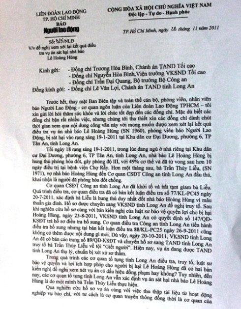 Đề nghị xem xét lại kết quả điều tra vụ nhà báo Hoàng Hùng