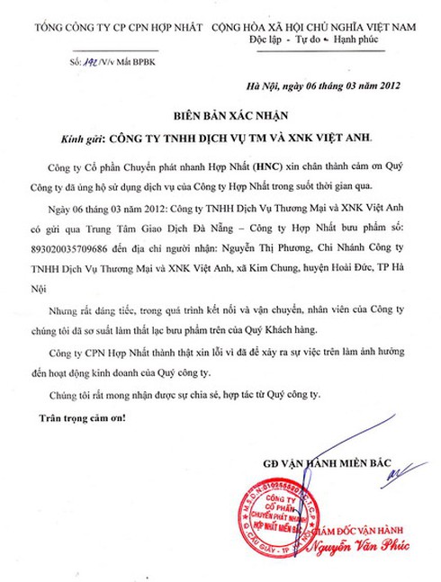 Chuyển phát nhanh Hợp Nhất bị tố `nuốt` cam kết bồi thường