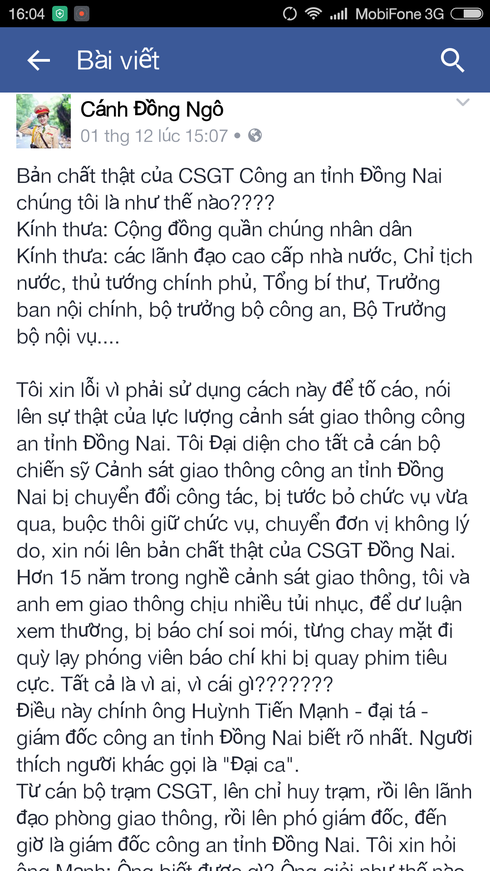 Công an Đồng Nai nói gì về thông tin “bản chất thật CSGT…” trên facebook - ảnh 1