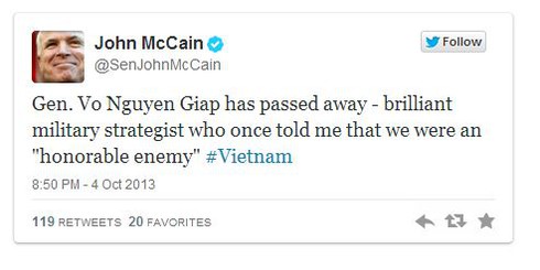 Thượng nghị sỹ John McCain tưởng nhớ Đại tướng Võ Nguyên Giáp - ảnh 2