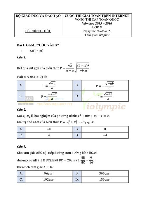 Đề thi ViOlympic Toán Tiếng Việt lớp 9 vòng quốc gia năm 2016 - ảnh 1