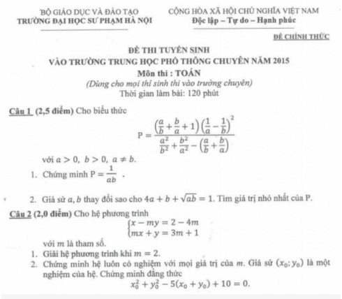 Đề thi chuyên Toán vào 10 trường ĐH Sư phạm Hà Nội năm 2015 - ảnh 1