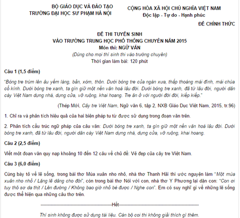 Đề thi Văn vào 10 trường THPT chuyên Đại học Sư phạm Hà Nội năm 2015 - ảnh 1