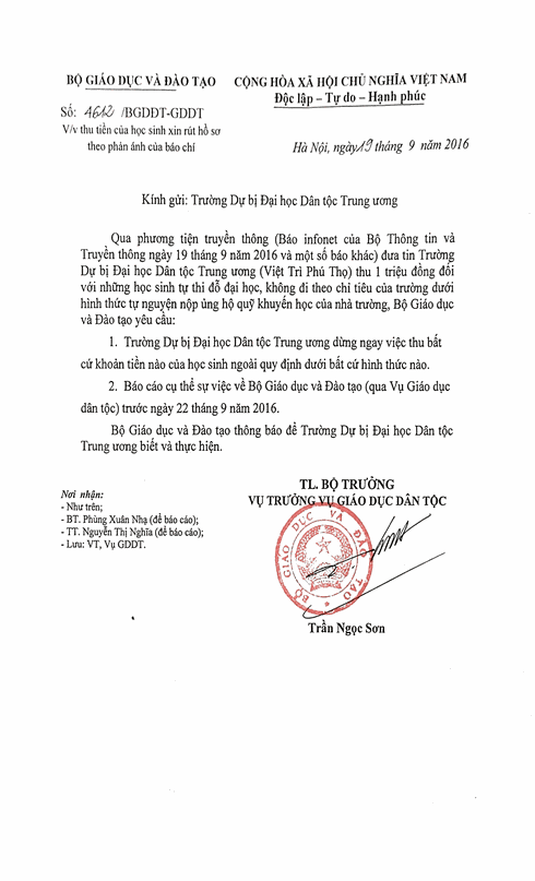 Đỗ ĐH nộp 1 triệu đồng vì làm mất uy tín nhà trường: Trả lại tiền cho học sinh - ảnh 1