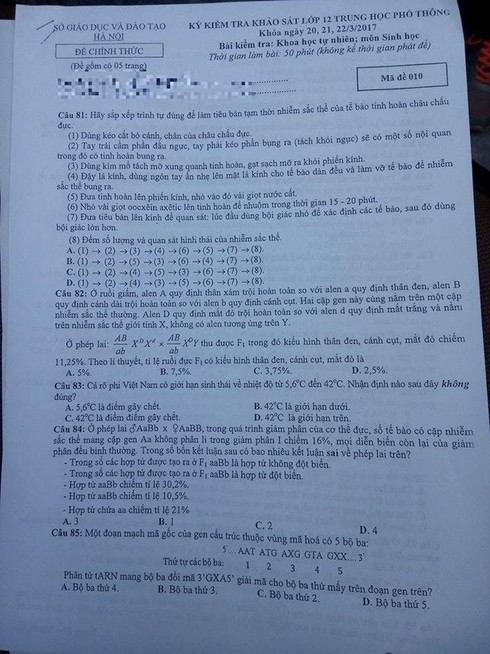 Gợi ý đáp án đề thi thử môn Sinh học THPT quốc gia 2017 tại Hà Nội - ảnh 1
