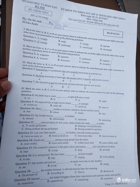 Đề thi thử môn Tiếng Anh THPT Quốc gia năm 2017 của Hà Nội - ảnh 1