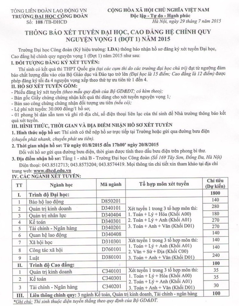 Trường ĐH Công Đoàn, KD&CN công bố điểm chuẩn chính thức - ảnh 2