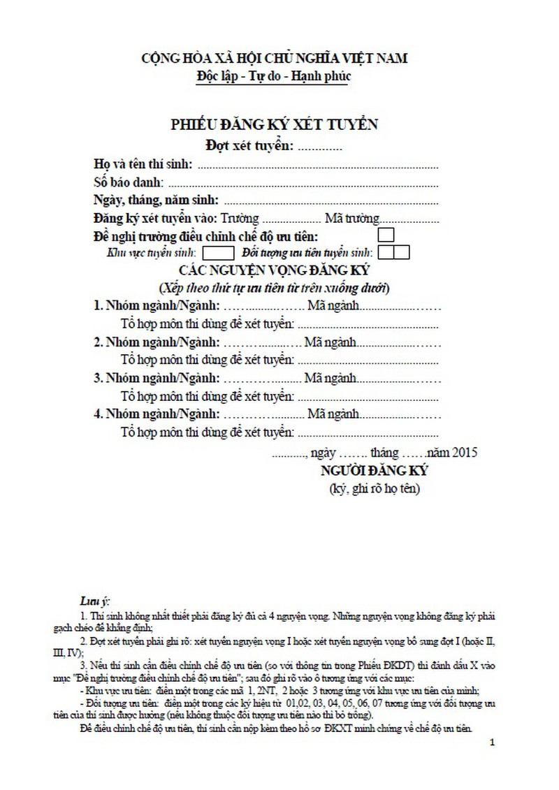 Mẫu phiếu đăng ký xét tuyển vào Đại học, Cao đẳng - ảnh 1