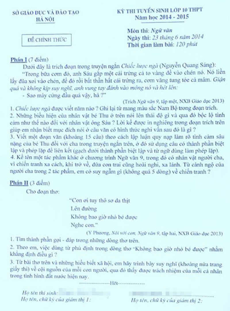 Hà Nội: Chiếc lược ngà vào đề thi Văn lớp 10 - ảnh 1