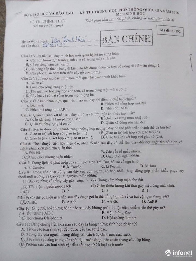Đề Sinh học kỳ thi THPT quốc gia 2016 - ảnh 1