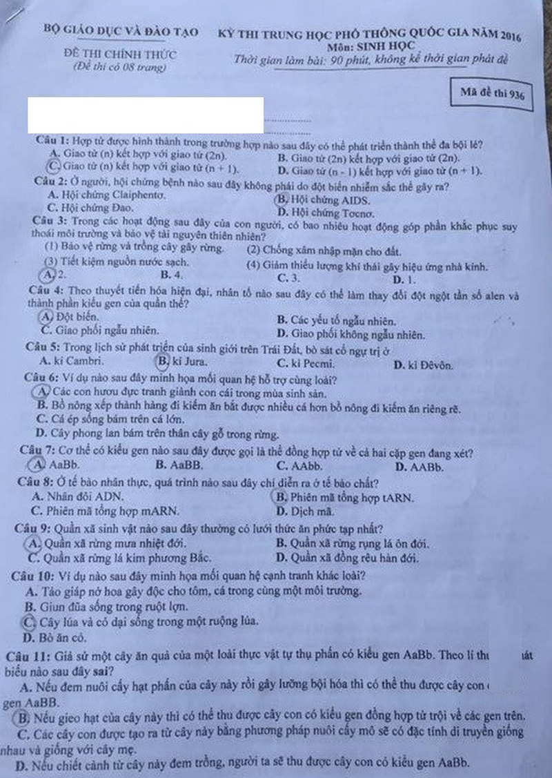 Đề Sinh học kỳ thi THPT quốc gia 2016 - ảnh 9