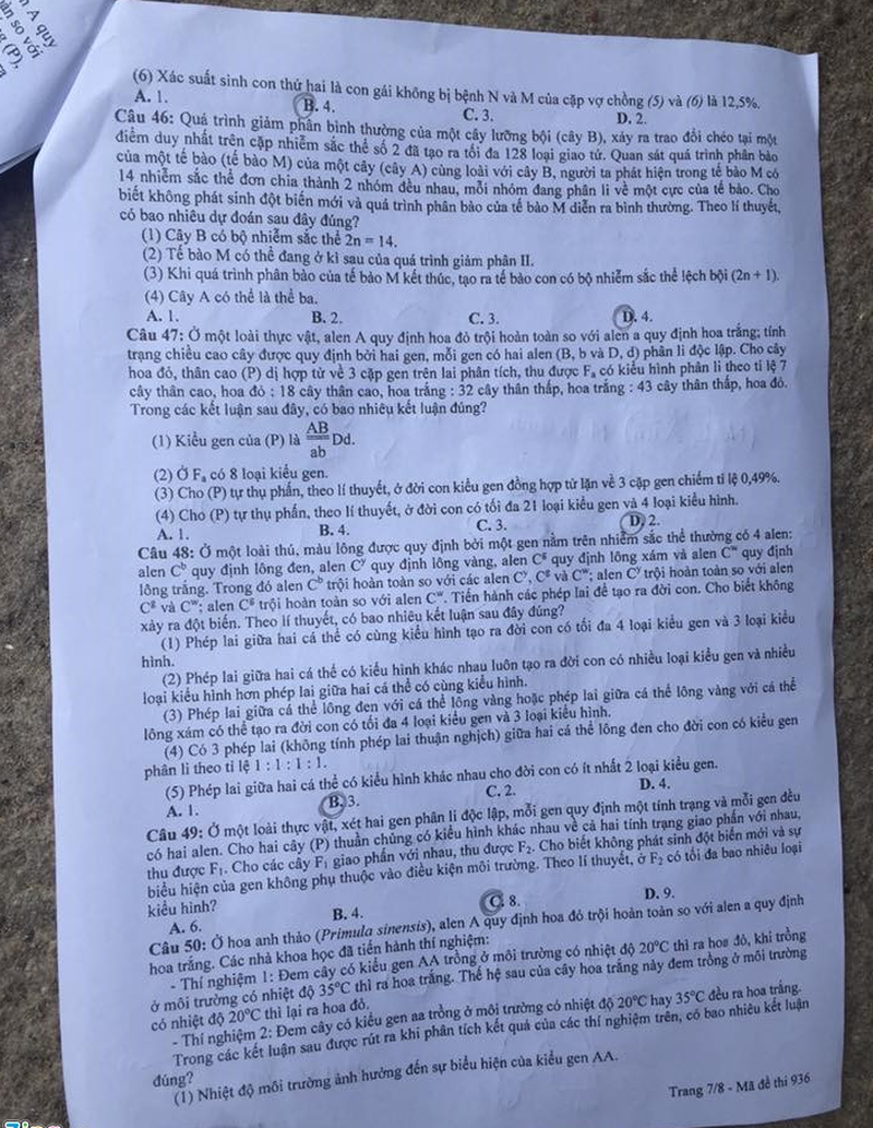 Đề Sinh học kỳ thi THPT quốc gia 2016 - ảnh 15