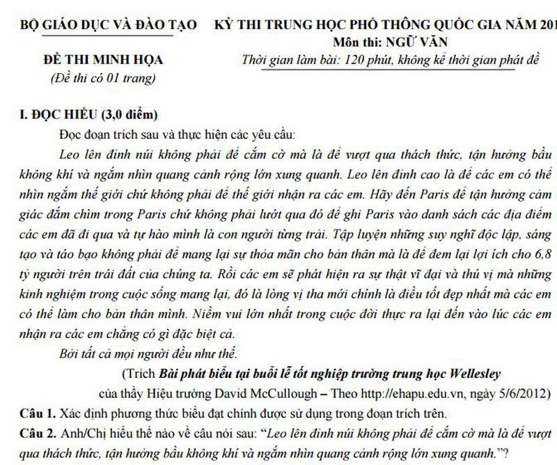 Bộ GD&ĐT công bố đề thi minh họa môn Văn năm 2017 - ảnh 1