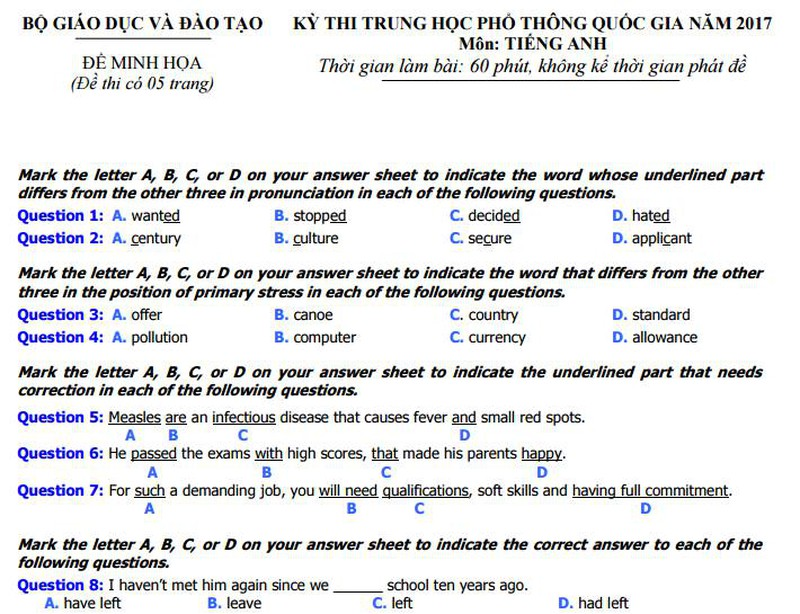 Bộ GD&ĐT công bố đề thi minh họa môn Tiếng Anh năm 2017 - ảnh 1